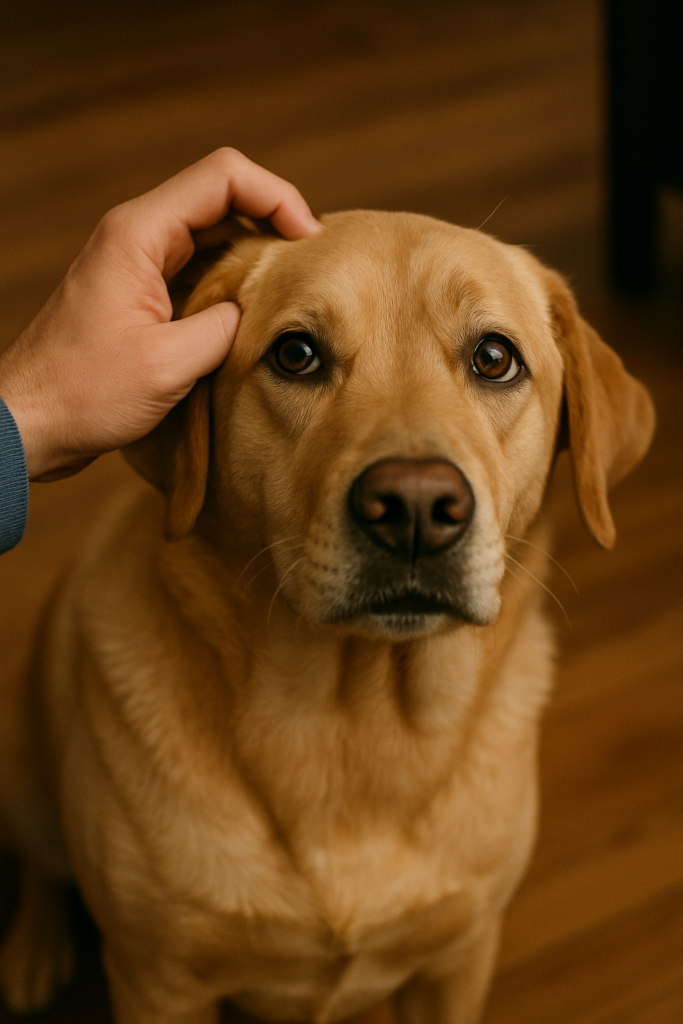 A man pets a sympathetic dog listening to his troubles