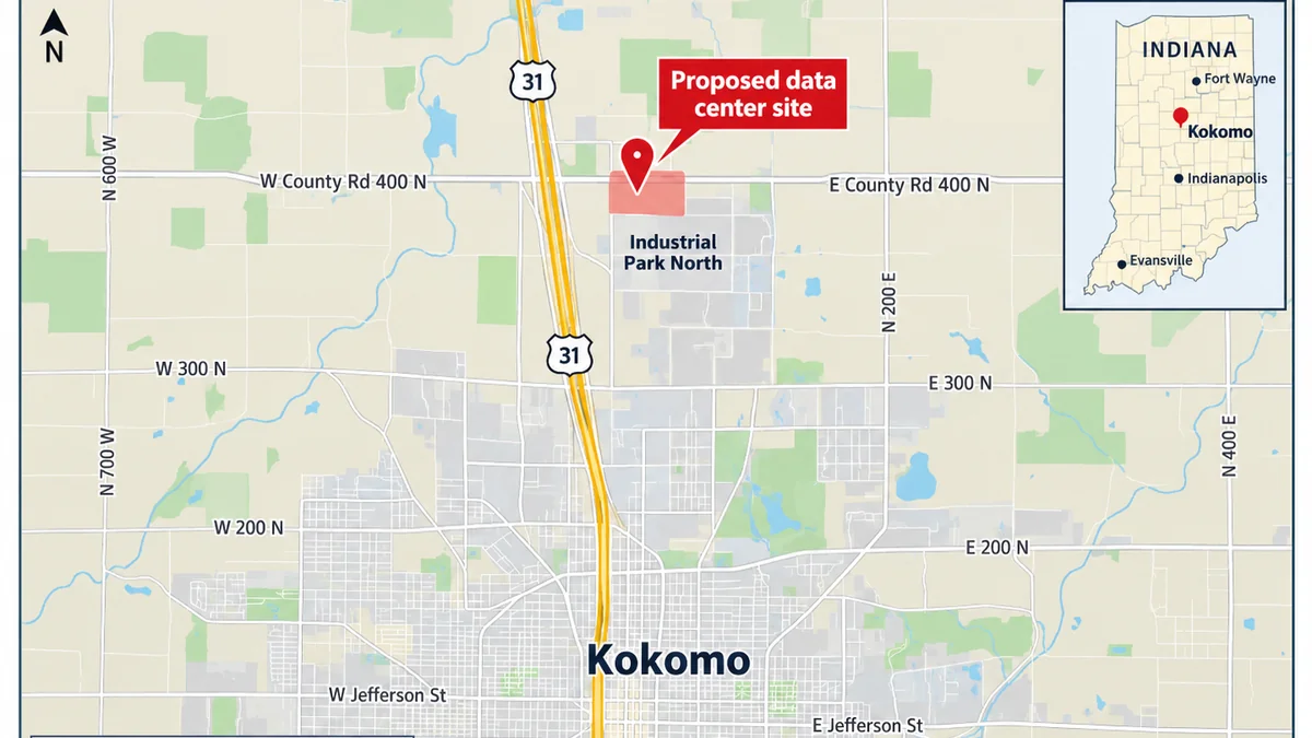 Map of Kokomo, Indiana showing the approximate location of the proposed data center site near U.S. 31 and County Road 400 North, in Industrial Park North.