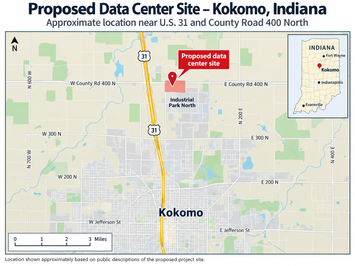 Map of Kokomo, Indiana showing the approximate location of the proposed data center site near U.S. 31 and County Road 400 North, in Industrial Park North.