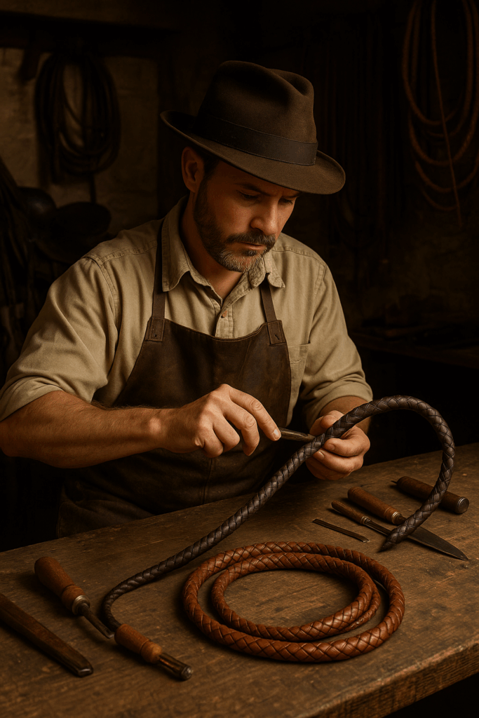 an artisan works on a buggy whip