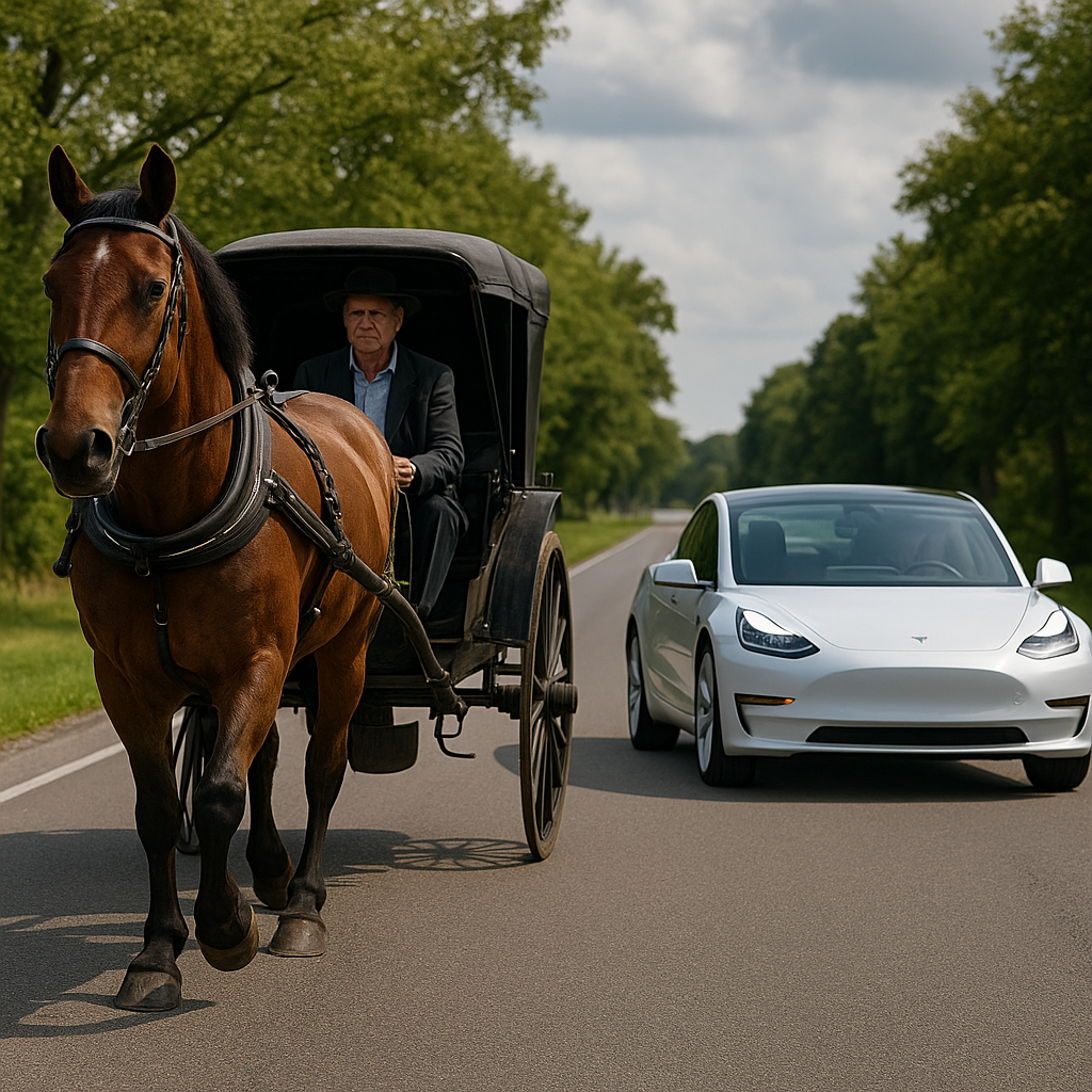a Tesla car begins to pass a horse and buggy