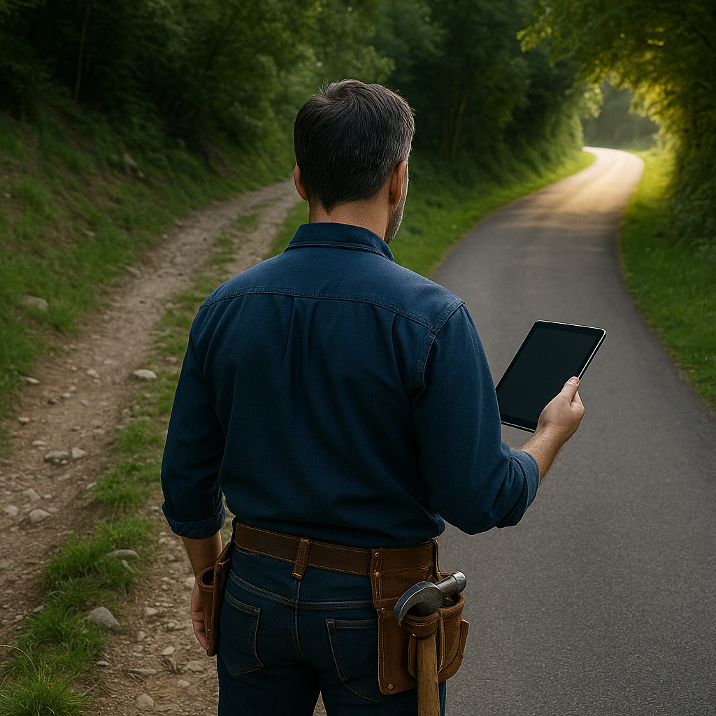 a worker holding a tablet and wearing an old style craftsman work belt contemplates a fork in the road with one road as an old country road and the other a modern paved road