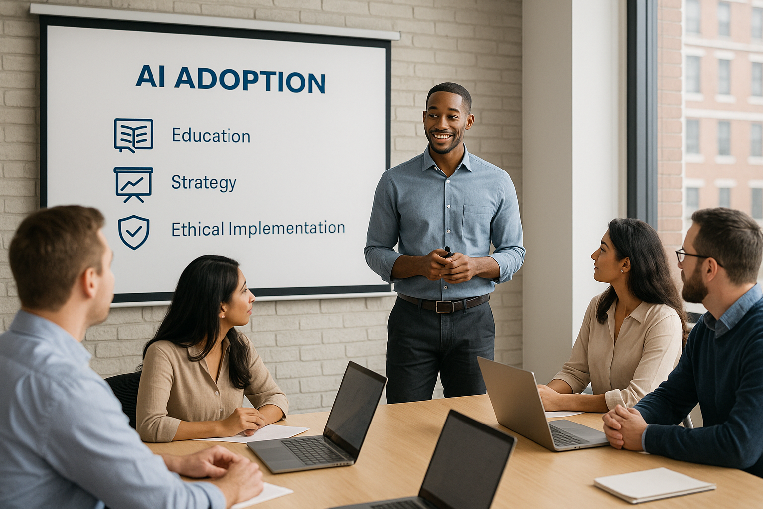 A business instructor leads a corporate workshop on AI adoption, guiding a diverse team through topics such as AI strategy, education, and ethical implementation in a modern conference room.
