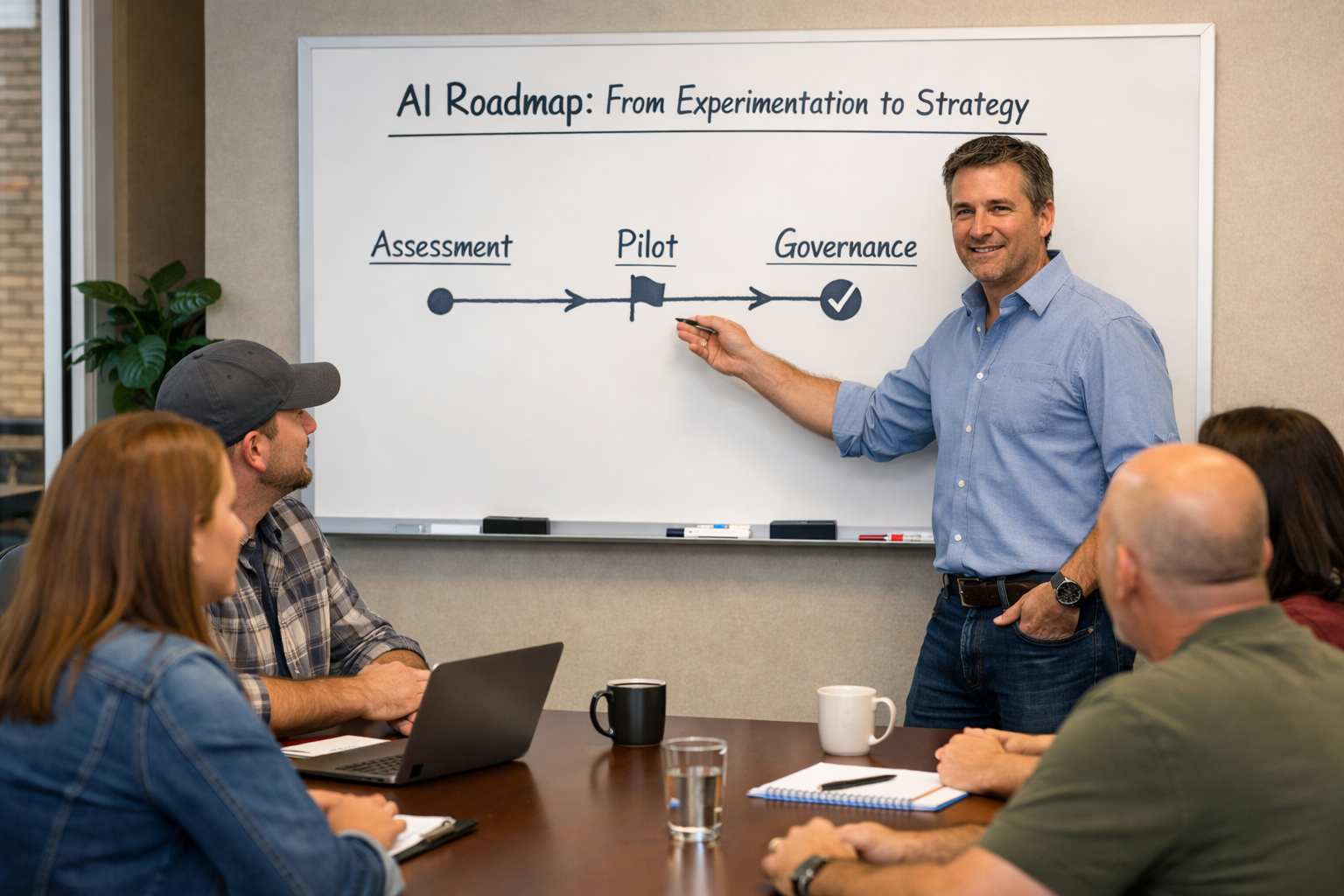 A business-casual leader in his late 40s, with rolled-up sleeves, gestures toward a whiteboard showing a simple AI roadmap timeline labeled “Assessment,” “Pilot,” and “Governance,” while casually dressed employees sit around a conference table, attentively engaged.