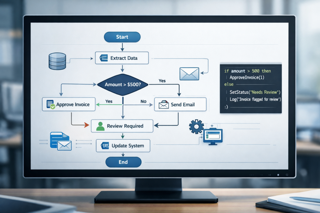 “Diagram of an automated invoice processing workflow. Data is extracted and evaluated against a condition ‘Amount > $500?’. Invoices under the threshold are automatically approved, while higher amounts trigger an email and manual review. The process then updates the system and ends. A code snippet on the right shows conditional logic used in the automation.